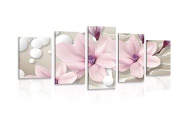 TABLEAU EN 5 PARTIES – MAGNOLIA SUR FOND ABSTRAIT - TABLEAUX DE FLEURS - TABLEAUX