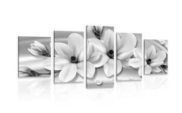 TABLEAU EN 5 PARTIES – MAGNOLIA DE LUXE AVEC PERLES EN NOIR ET BLANC - TABLEAUX EN NOIR ET BLANC - TABLEAUX