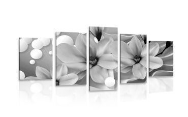 TABLEAU EN 5 PARTIES – MAGNOLIA EN NOIR ET BLANC SUR FOND ABSTRAIT - TABLEAUX EN NOIR ET BLANC - TABLEAUX