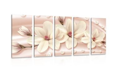 TABLEAU EN 5 PARTIES – MAGNOLIAS LUXUEUX AVEC PERLES - TABLEAUX DE FLEURS - TABLEAUX