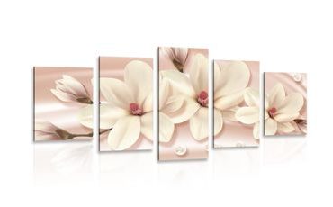 TABLEAU EN 5 PARTIES – MAGNOLIA DE LUXE AVEC PERLES - TABLEAUX DE FLEURS - TABLEAUX