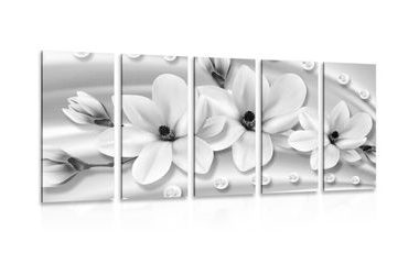 TABLEAU EN 5 PARTIES – MAGNOLIAS LUXUEUX AVEC PERLES EN NOIR ET BLANC - TABLEAUX EN NOIR ET BLANC - TABLEAUX