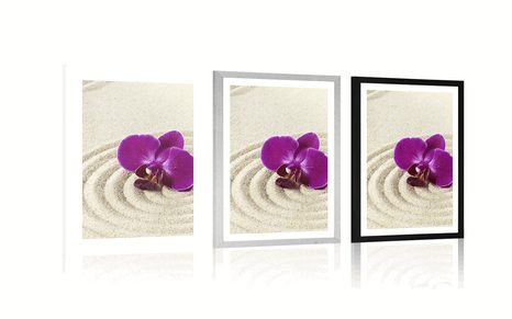 AFFICHE AVEC PASSE-PARTOUT – JARDIN ZEN SABLEUX AVEC ORCHIDÉE VIOLETTE - FENG SHUI - AFFICHES