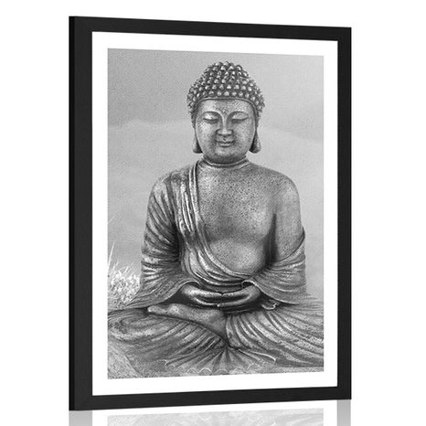 AFFICHE – STATUE DE BOUDDHA EN POSITION DE MÉDITATION EN NOIR ET BLANC - NOIR ET BLANC - AFFICHES
