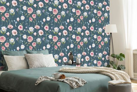 PAPIER PEINT – FLEURS ROMANTIQUES SUR FOND BLEU - PAPIERS PEINTS FLEURS - PAPIERS PEINTS PANORAMIQUES