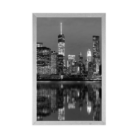 AFFICHE – REFLET DE MANHATTAN DANS L'EAU EN NOIR ET BLANC - NOIR ET BLANC - AFFICHES
