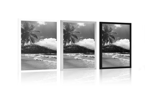 AFFICHE – PLAGE SUR L'ÎLE DES SEYCHELLES EN NOIR ET BLANC - NOIR ET BLANC - AFFICHES