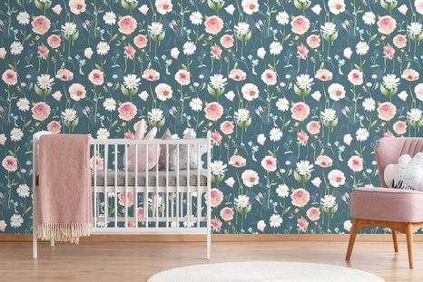 PAPIER PEINT – FLEURS ROMANTIQUES SUR FOND BLEU - PAPIERS PEINTS FLEURS - PAPIERS PEINTS PANORAMIQUES