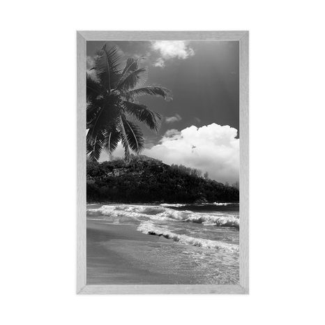 AFFICHE – PLAGE SUR L'ÎLE DES SEYCHELLES EN NOIR ET BLANC - NOIR ET BLANC - AFFICHES