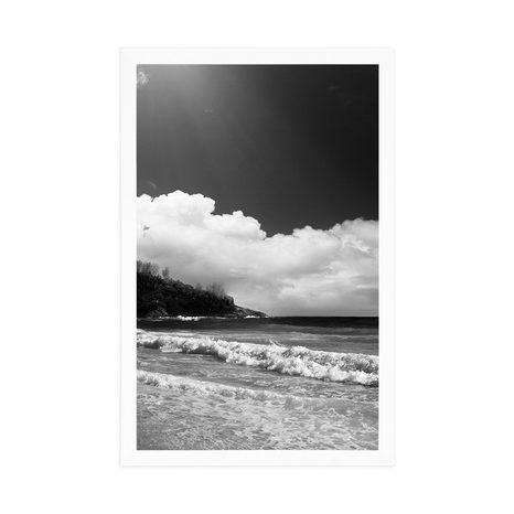 AFFICHE – MAGNIFIQUE PLAGE SUR L'ÎLE DES SEYCHELLES EN NOIR ET BLANC - NOIR ET BLANC - AFFICHES