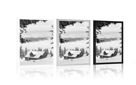 AFFICHE – PETITE MAISON EN BOIS PRÈS DES PINS ENNEIGÉS EN NOIR ET BLANC - NOIR ET BLANC - AFFICHES