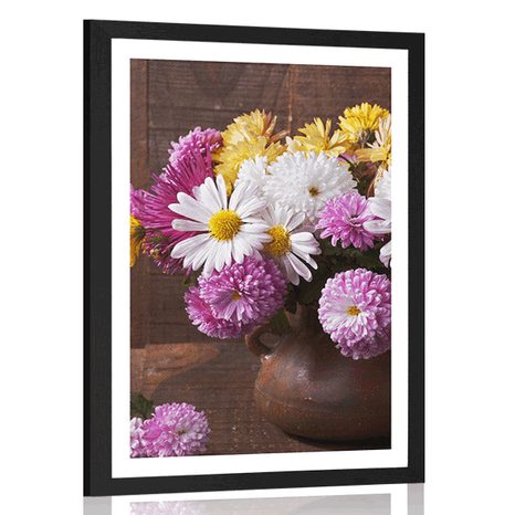 AFFICHE AVEC PASSE-PARTOUT – NATURE MORTE AVEC CHRYSANTHÈMES D'AUTOMNE - FLEURS - AFFICHES