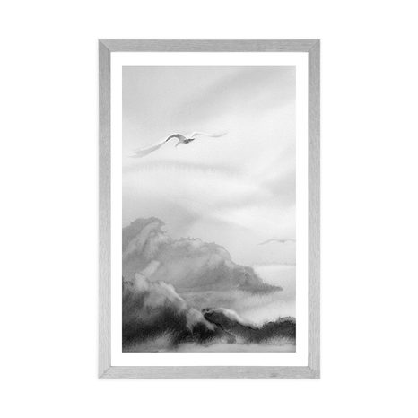 AFFICHE AVEC PASSE-PARTOUT – VOL D'OISEAUX AU-DESSUS DU PAYSAGE EN NOIR ET BLANC - NOIR ET BLANC - AFFICHES