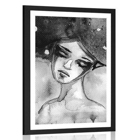 AFFICHE AVEC PASSE-PARTOUT – FÉE LUNAIRE EN NOIR ET BLANC - NOIR ET BLANC - AFFICHES