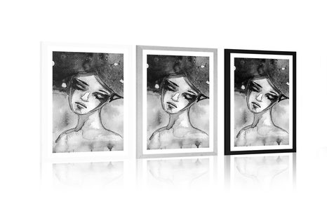 AFFICHE AVEC PASSE-PARTOUT – FÉE LUNAIRE EN NOIR ET BLANC - NOIR ET BLANC - AFFICHES