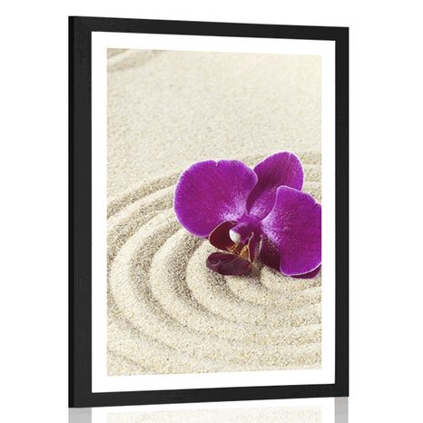 AFFICHE AVEC PASSE-PARTOUT – JARDIN ZEN SABLEUX AVEC ORCHIDÉE VIOLETTE - FENG SHUI - AFFICHES