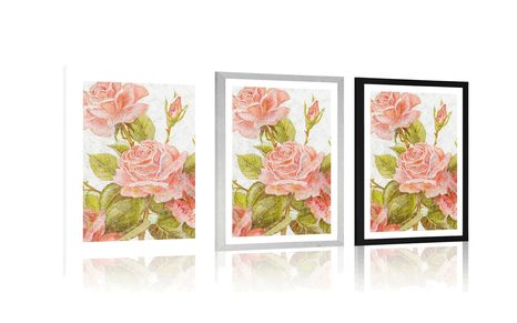 AFFICHE AVEC PASSE-PARTOUT – BOUQUET VINTAGE DE ROSES - FLEURS - AFFICHES