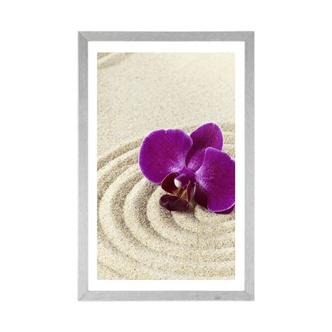 AFFICHE AVEC PASSE-PARTOUT – JARDIN ZEN SABLEUX AVEC ORCHIDÉE VIOLETTE - FENG SHUI - AFFICHES