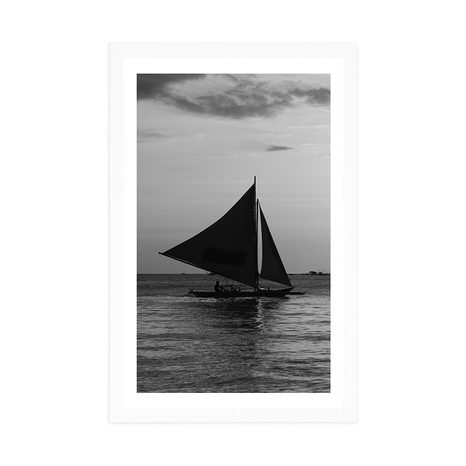 AFFICHE AVEC PASSE-PARTOUT – COUCHER DE SOLEIL MAGNIFIQUE SUR LA MER EN NOIR ET BLANC - NOIR ET BLANC - AFFICHES