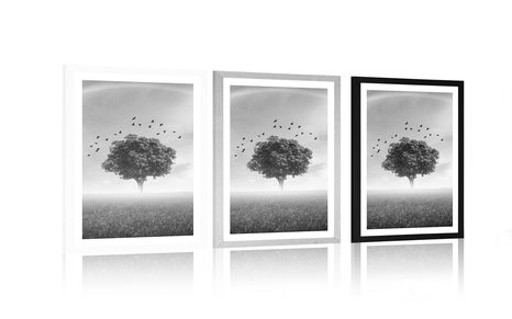 AFFICHE – ARBRE SOLITAIRE DANS UNE PRAIRIE EN NOIR ET BLANC - NOIR ET BLANC - AFFICHES