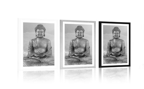 AFFICHE – STATUE DE BOUDDHA EN POSITION DE MÉDITATION EN NOIR ET BLANC - NOIR ET BLANC - AFFICHES