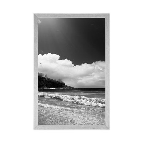 AFFICHE – MAGNIFIQUE PLAGE SUR L'ÎLE DES SEYCHELLES EN NOIR ET BLANC - NOIR ET BLANC - AFFICHES