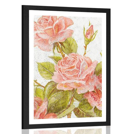 AFFICHE AVEC PASSE-PARTOUT – BOUQUET VINTAGE DE ROSES - FLEURS - AFFICHES