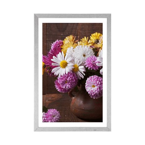 AFFICHE AVEC PASSE-PARTOUT – NATURE MORTE AVEC CHRYSANTHÈMES D'AUTOMNE - FLEURS - AFFICHES