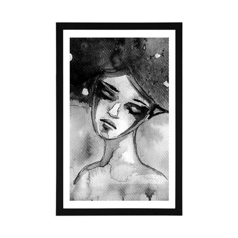 AFFICHE AVEC PASSE-PARTOUT – FÉE LUNAIRE EN NOIR ET BLANC - NOIR ET BLANC - AFFICHES