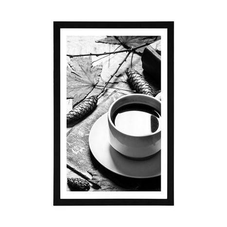 AFFICHE – TASSE DE CAFÉ EN AMBIANCE AUTOMNALE EN NOIR ET BLANC - NOIR ET BLANC - AFFICHES