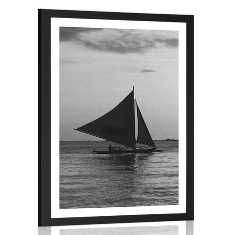 AFFICHE AVEC PASSE-PARTOUT – COUCHER DE SOLEIL MAGNIFIQUE SUR LA MER EN NOIR ET BLANC - NOIR ET BLANC - AFFICHES