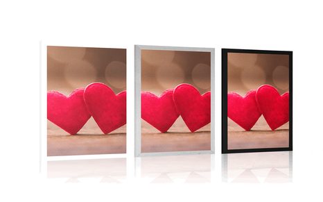 AFFICHE – PETITS CŒURS ROUGES SUR TEXTURE BOIS - AMOUR - AFFICHES