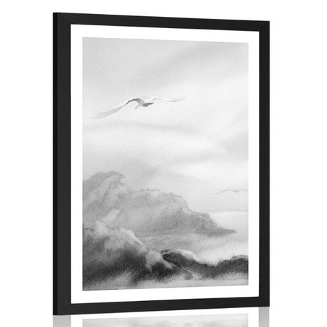 AFFICHE AVEC PASSE-PARTOUT – VOL D'OISEAUX AU-DESSUS DU PAYSAGE EN NOIR ET BLANC - NOIR ET BLANC - AFFICHES