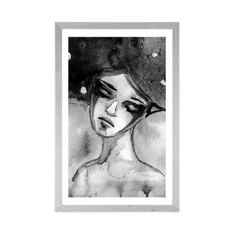 AFFICHE AVEC PASSE-PARTOUT – FÉE LUNAIRE EN NOIR ET BLANC - NOIR ET BLANC - AFFICHES