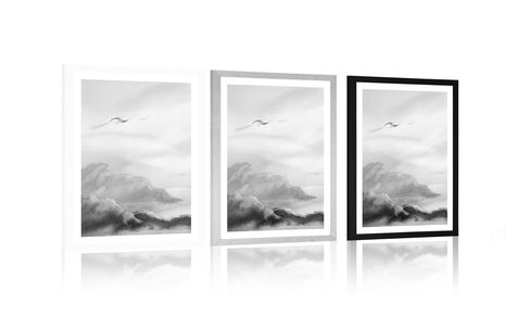 AFFICHE AVEC PASSE-PARTOUT – VOL D'OISEAUX AU-DESSUS DU PAYSAGE EN NOIR ET BLANC - NOIR ET BLANC - AFFICHES