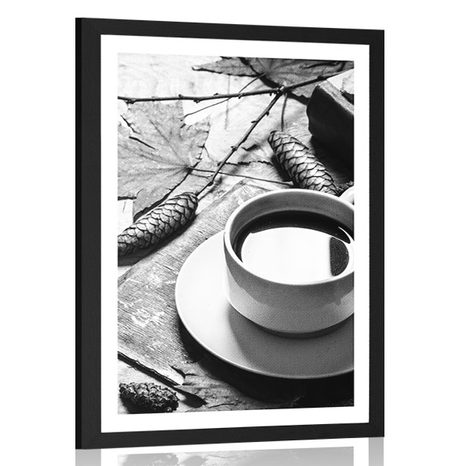 AFFICHE – TASSE DE CAFÉ EN AMBIANCE AUTOMNALE EN NOIR ET BLANC - NOIR ET BLANC - AFFICHES