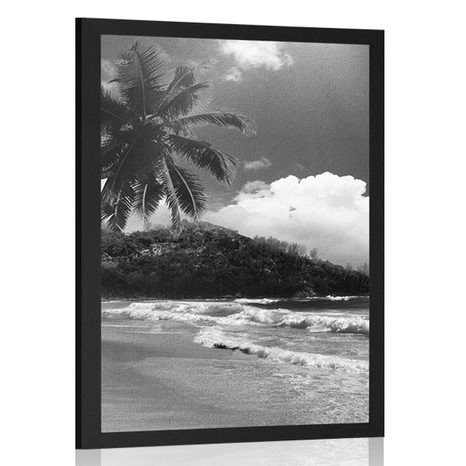 AFFICHE – PLAGE SUR L'ÎLE DES SEYCHELLES EN NOIR ET BLANC - NOIR ET BLANC - AFFICHES