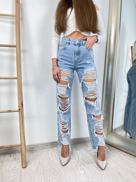 Straight džíny s vyšším pasem a trháním světle modré