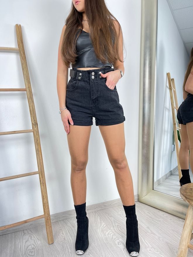 Džínové kraťasy s vysokým pase a páskem se cvočky černé
