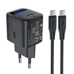 Ładowarka Acefast A113 z wyświetlaczem cyfrowym, GaN, PD 20W, USB-C + kabel USB-C, 1 m, czarna