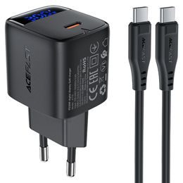 Ładowarka Acefast A115 z cyfrowym wyświetlaczem, GaN, PD 30W, USB-C + kabel USB-C, 1,2 m, czarna