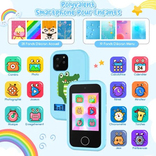 Έξυπνο τηλέφωνο για παιδιά με παιχνίδια, MP3, διπλή κάμερα και οθόνη αφής, μπλε δεινόσαυρος