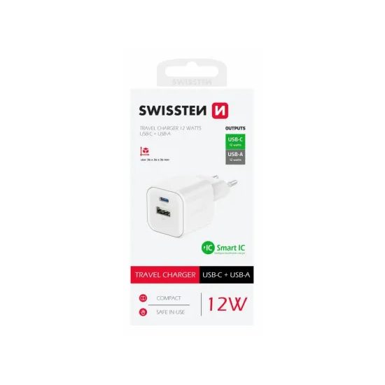 Swissten Δικτυακός Αντάπτορας 12W 1x USB-C και 1x USB-A, λευκός