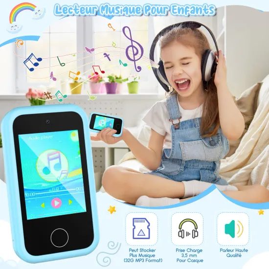 Έξυπνο τηλέφωνο για παιδιά με παιχνίδια, MP3, διπλή κάμερα και οθόνη αφής, μπλε δεινόσαυρος