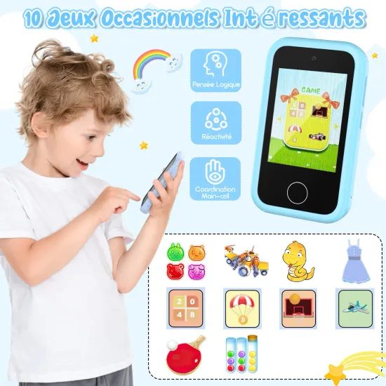 Έξυπνο τηλέφωνο για παιδιά με παιχνίδια, MP3, διπλή κάμερα και οθόνη αφής, μπλε δεινόσαυρος