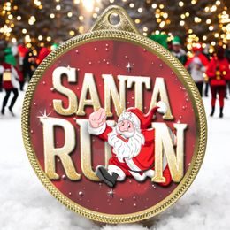 Santa Run (Red) Christmas 3D Texture Print Full Color 2 1/8 Medal - Gold
