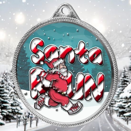 Santa Run (Blue) Christmas 3D Texture Print Full Color 2 1/8 Medal - Silver
